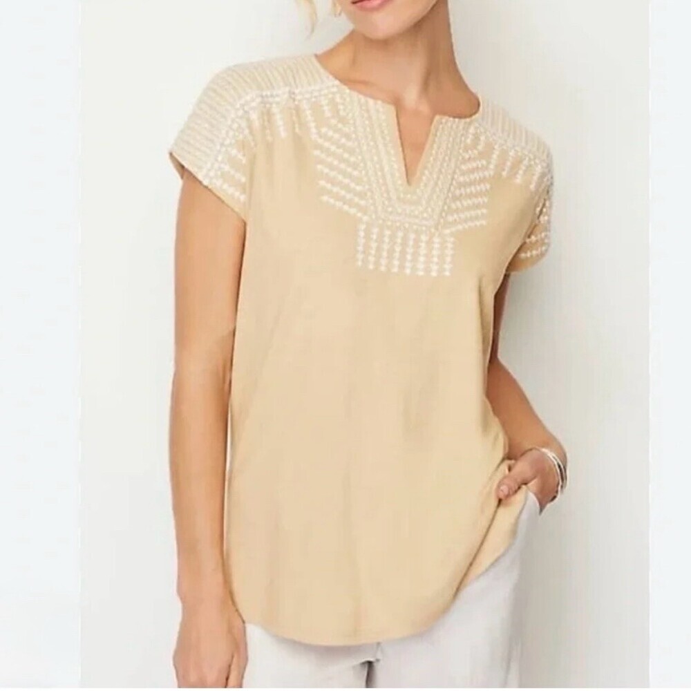Purejill Womens Cotton Linen Tunic Top Size M Embroidered Split V-Neck
